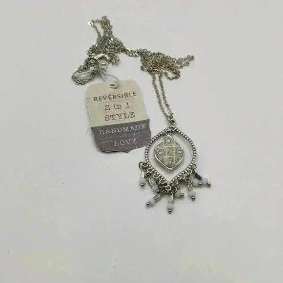 Jil zarah Necklace Green Teardrop silvertone Chain NWT porcelain blue reversible - Picture 2 of 4